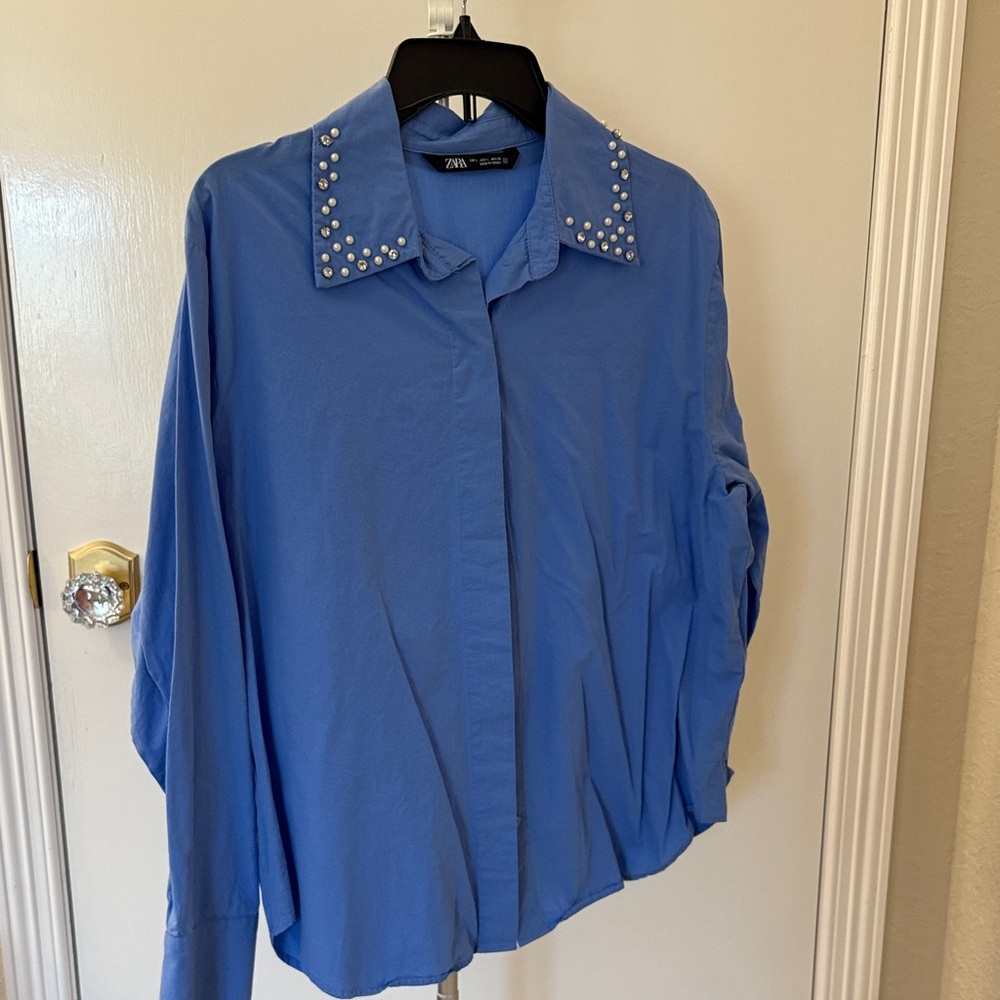 Zara Blue Button Down Shirt with Embellished Collar